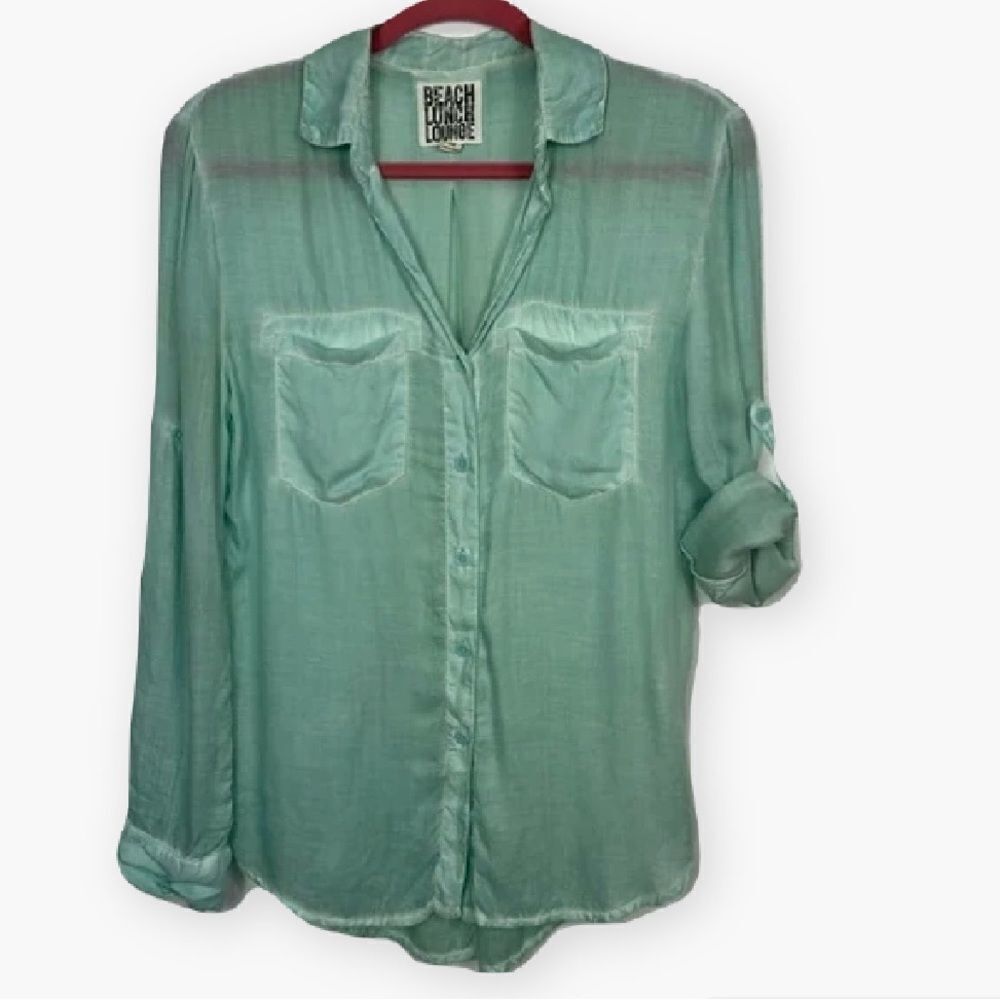 Beachlunchlounge Aqua Roll Tab Sleeve Button Down Shirt Size XS